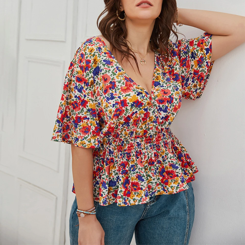 2021 New Women Fashion Summer Short Sleeve Print V-Neck Slim Waist Short Top Blouse Shirt Office Lady Plus Size Tops Fashion 
2021 New Women Fashion Summer Short Sleeve Print V-Neck Slim Waist Short Top Blouse Shirt Office Lady Plus Size Tops Fashion