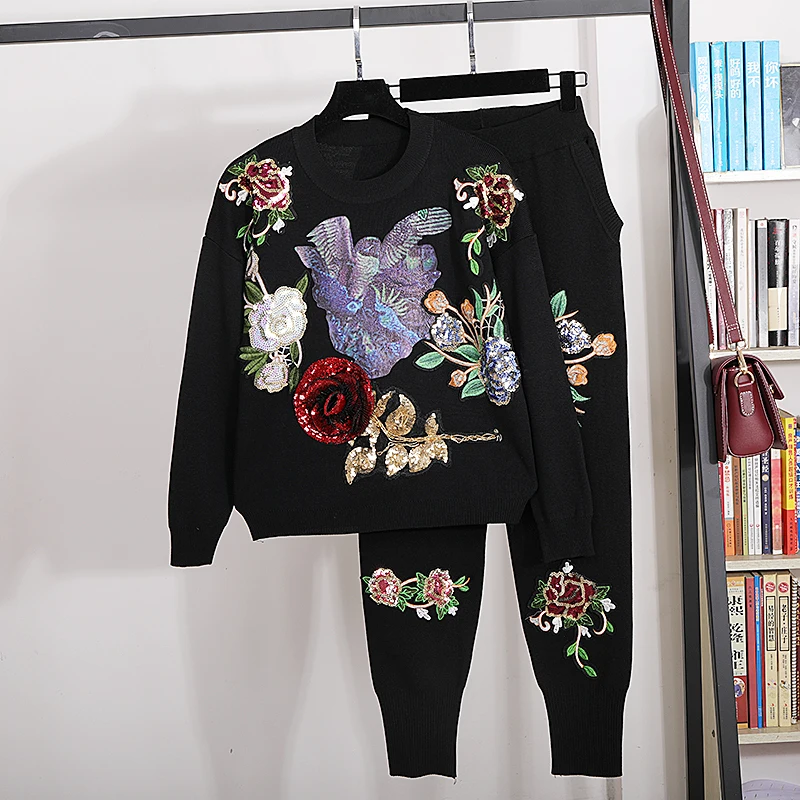 Fashion Sequins Embroidery Flowers Knitted Tracksuits Women Outfits Loose Casual Black Gray Knit Sweater Long Pants Set Female
Fashion Sequins Embroidery Flowers Knitted Tracksuits Women Outfits Loose Casual Black Gray Knit Sweater Long Pants Set Female