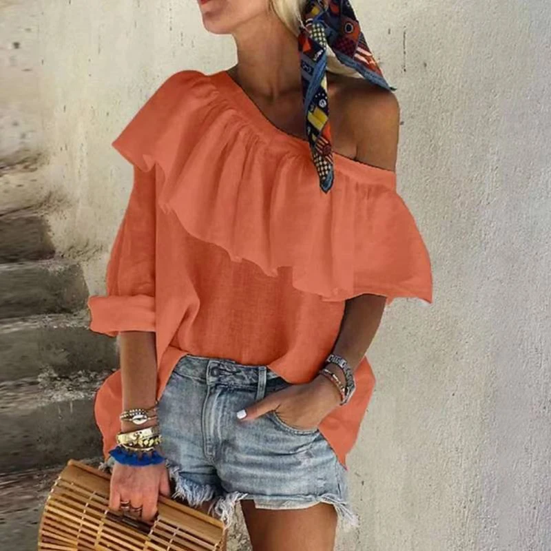 Office Lady Elegant Solid Ruffles Design Blouse Shirts Summer Sexy Off Shoulder Halter Tops Women Fashion Casual Loose Blusa 2XL 
Office Lady Elegant Solid Ruffles Design Blouse Shirts Summer Sexy Off Shoulder Halter Tops Women Fashion Casual Loose Blusa 2XL