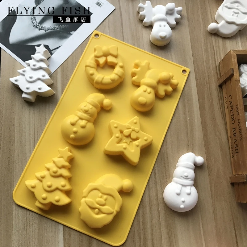 

Silicone Mold Series Cake Mould Snowman Santa Handmade Soap Molds Elk Snowman Santa Claus Bells Aroma Wax Mould 6 Hole WJ921