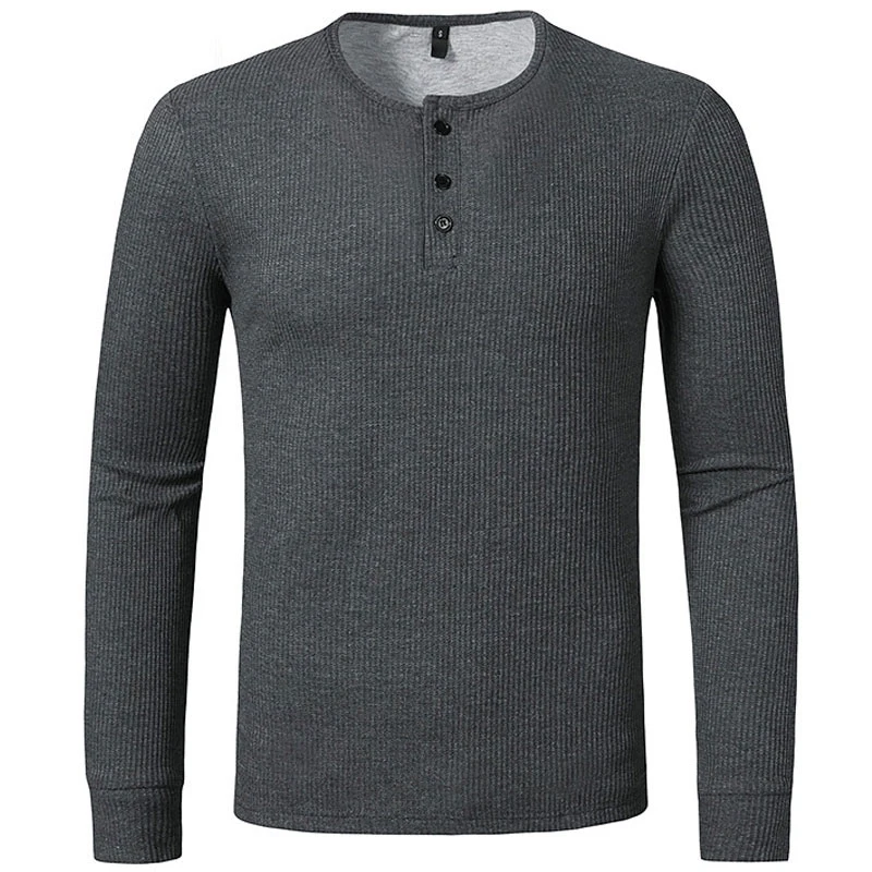 New T Shirt Men Long Sleeve Henley Collar Solid Color Tee Tops Mens Casual Slim Fit Tshirts White Black Gray Tees Daily Wear | Мужская