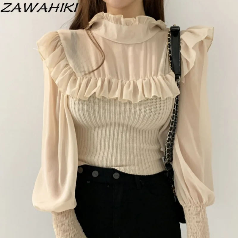 ZAWAHIKI Korean Chic Autumn Elegant Temperament Half High Collar Ruffled Slim Lantern Sleeve Knitted Chiffon Stitching Shirt
ZAWAHIKI Korean Chic Autumn Elegant Temperament Half High Collar Ruffled Slim Lantern Sleeve Knitted Chiffon Stitching Shirt