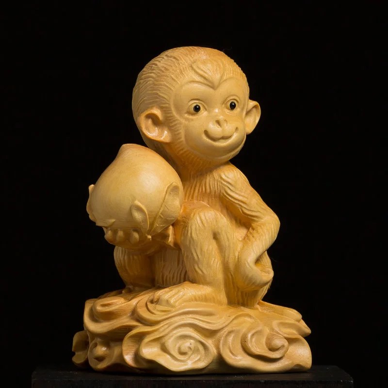 

Boxwood 9cm Monkey Sculpture Wood Carving Animal Statue Chinese Zodiac Longevity Lucky Home Decor