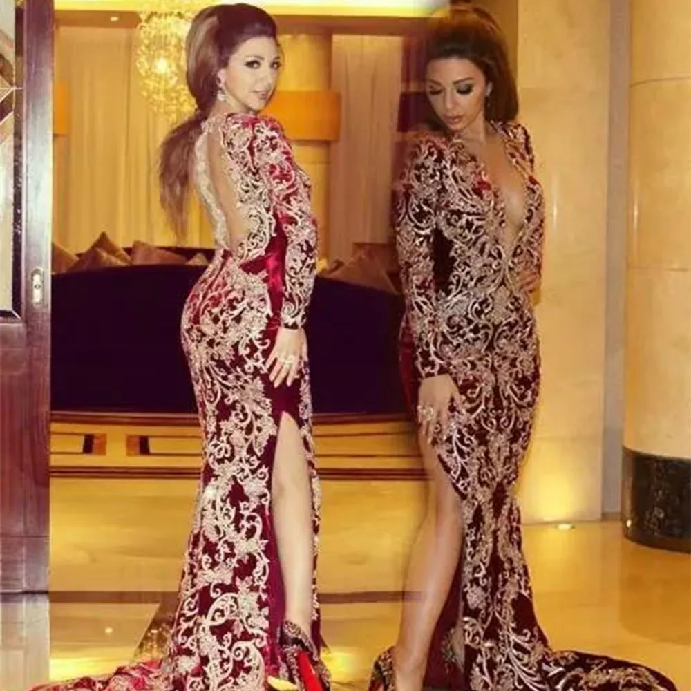 

2022 Sexy High Split Evening Dresses Burgundy Mermaid Plunging V Neck Lace Applique Long Sleeves Arabic Celebrity Party Gowns