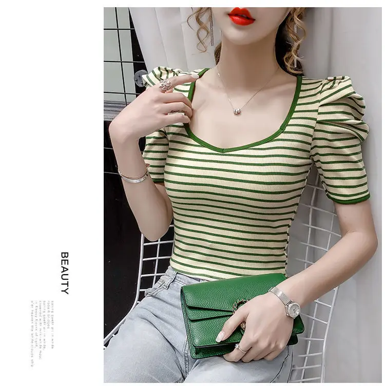 Women Cotton T Shirt Summer 2021 Puff Sleeve Plus Size Striped Casual Tees Ladies Basic Tshirts Streetwear Sexy Crop Tops D146
Women Cotton T Shirt Summer 2021 Puff Sleeve Plus Size Striped Casual Tees Ladies Basic Tshirts Streetwear Sexy Crop Tops D146