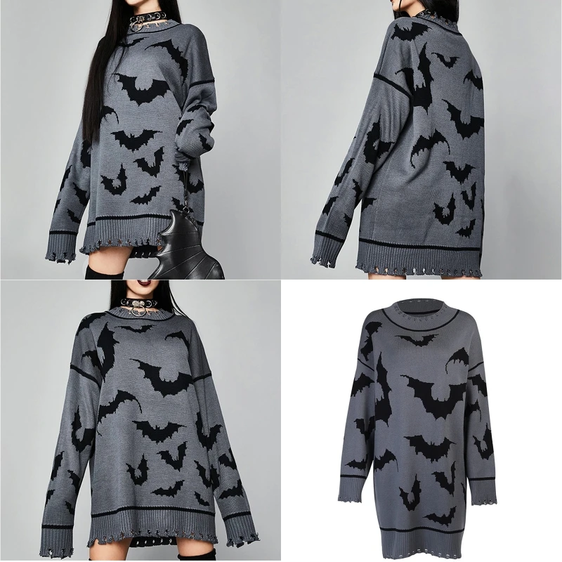 

Women Dark Gothic Punk Long Sleeve Sweater Dress Harajuku Bat Print Ripped Frayed Hem Oversized Loose Knitwear Pullover Top L5YB