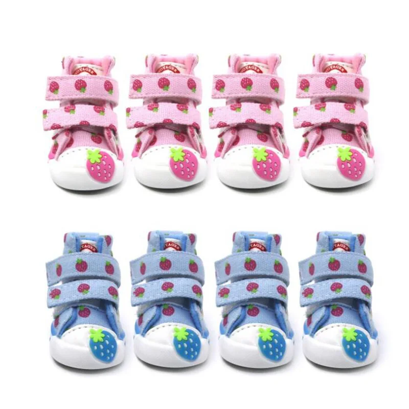 

For Pet Dog Shoes Anti-slip Strawberry Sneakers Breathable 4 pcs/set Booties Puppy Denim Shoes For Small Dogs Chihuahua Teddy