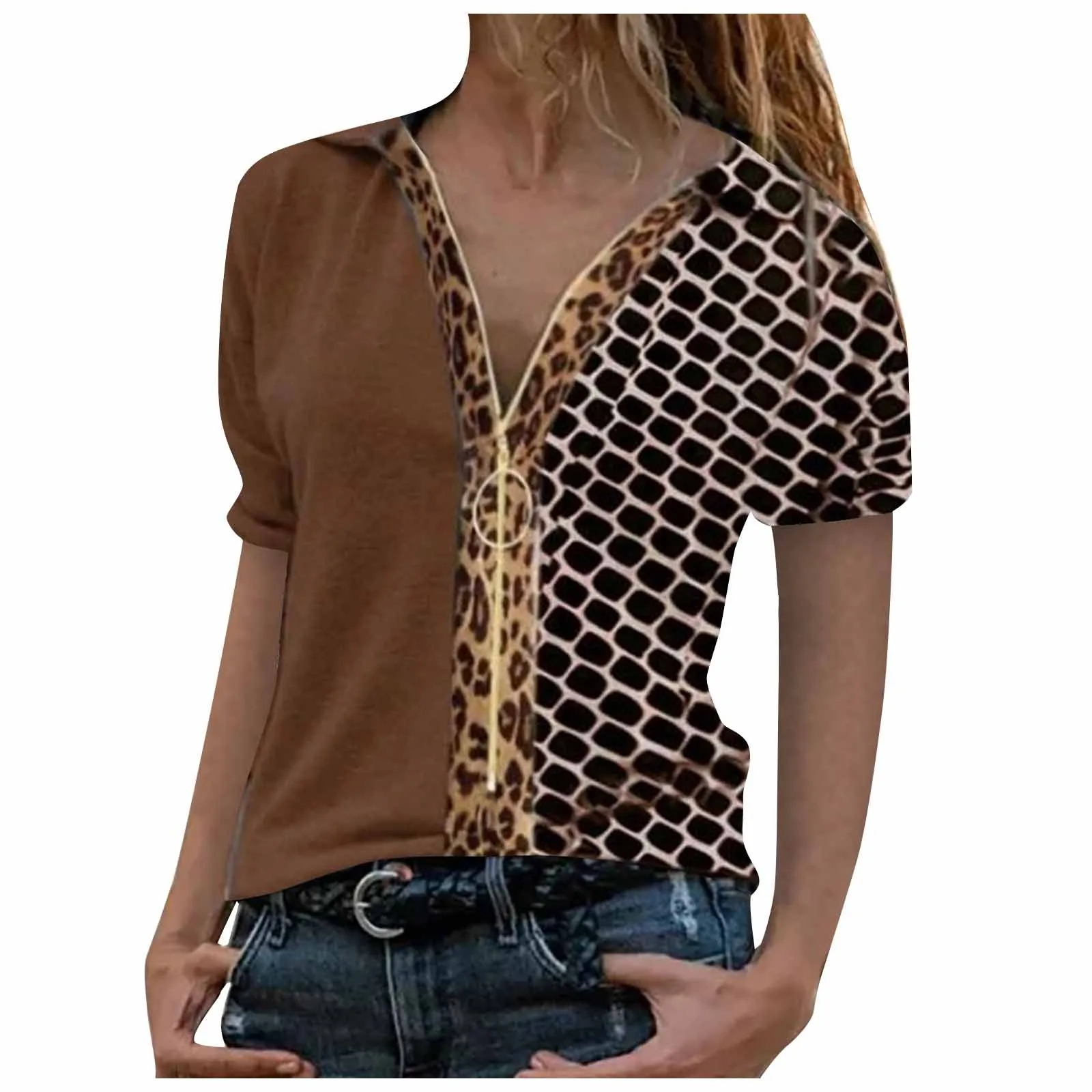 elegant Tunic blouse patchwork Zipper Lapel Color Blocking Short-sleeved Shirt Casual Fashion Print Blusas Mujer рубашка женская
elegant Tunic blouse patchwork Zipper Lapel Color Blocking Short-sleeved Shirt Casual Fashion Print Blusas Mujer рубашка женская