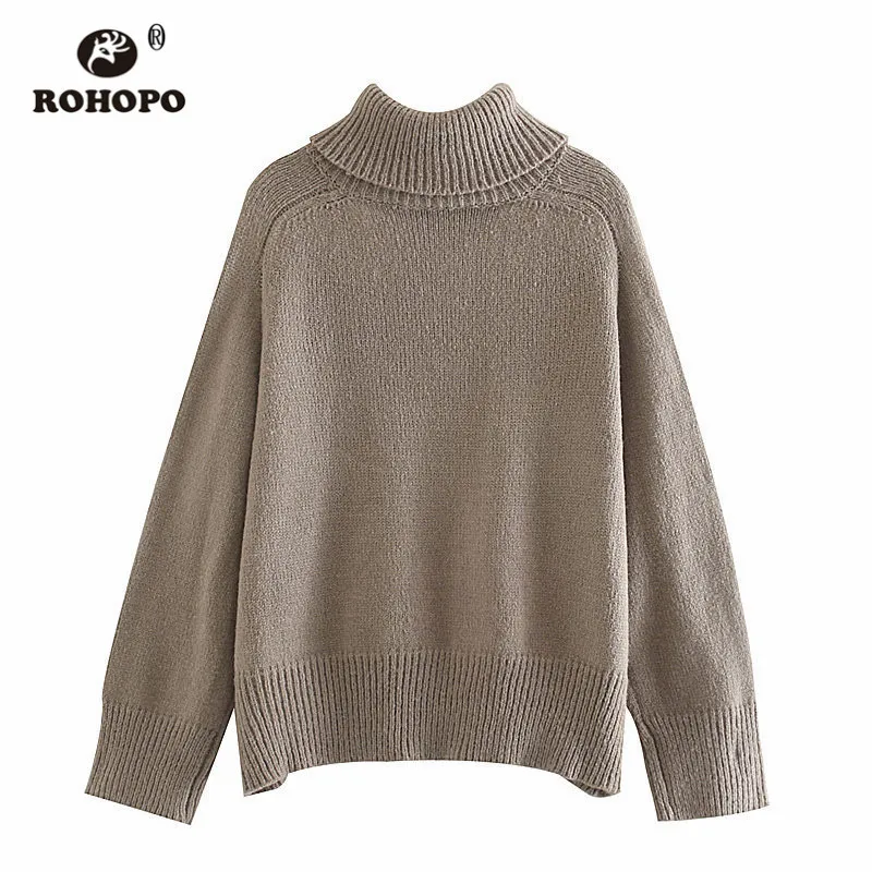 ROHOPO Turtleneck Long Sleeve Khaki Sweater Buttons Closure Neck Ribbed Hem Ladies Winter Pullover Knitted Solid Top Wear #9301 | Женская