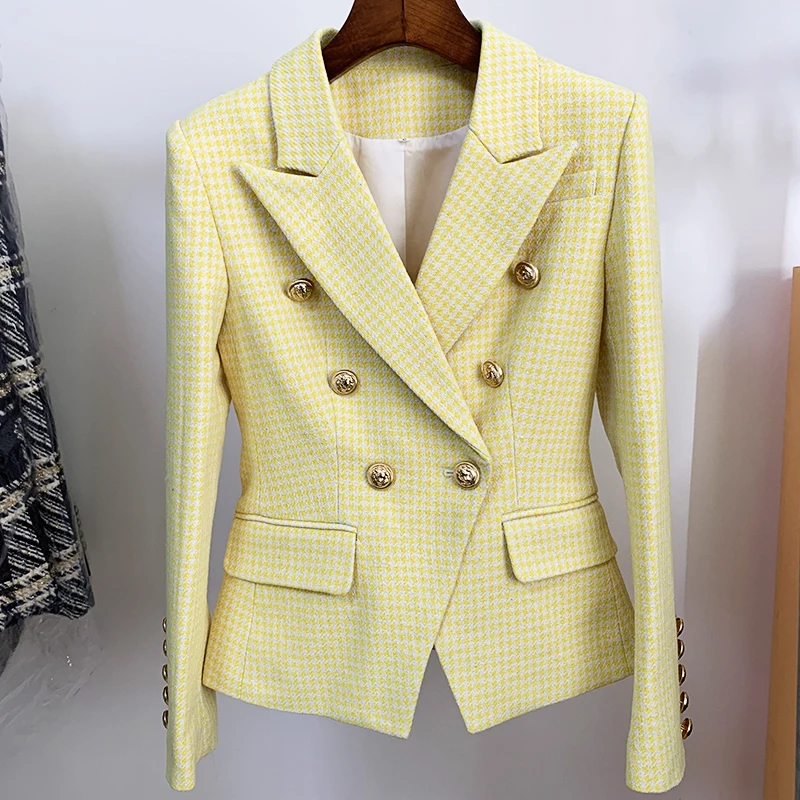 Newest Fashion Designer Jacket Women's Lion Buttons Double Breasted Slim Fitting Tweed Houndstooth Blazer
Newest Fashion Designer Jacket Women's Lion Buttons Double Breasted Slim Fitting Tweed Houndstooth Blazer