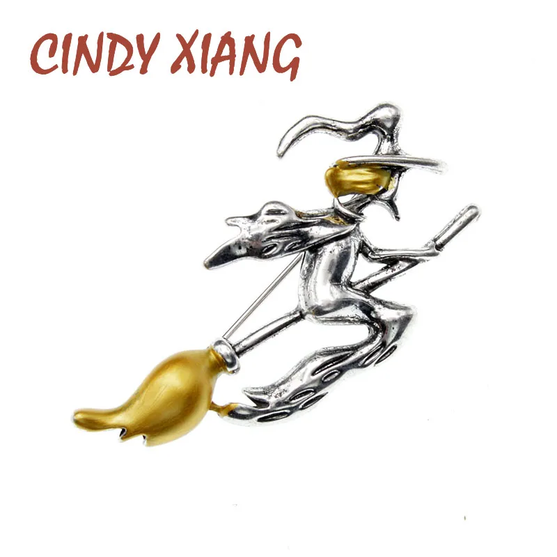 

CINDY XIANG Witch Riding A Broom Brooch Creative Fashion Vintage Pin Fashion Jewelry New Design Kids Brooches High Quality