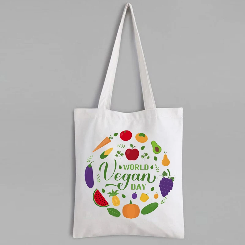 

World Vegan Day Shopping Bag Fruits and Vegetables Canvas Tote Bag Vegan Reusable Canvas Bag Vegetarian Cute Bag