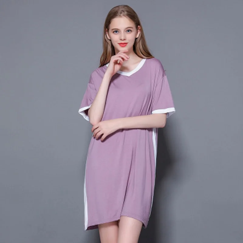 

Daeyard Modal Home Leisure Dress Summer Nightgown Slim Fit Long Nightdress Soft Sleepwear V-Neck Patchwork Sleepshirt Homewear