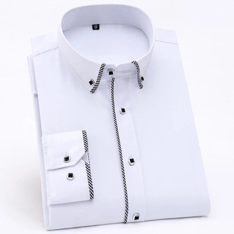 

Men's Contrast Collar with Checkered Piping Long Sleeve Shirt Pocketless England Style Casual Standard-fit Work Office Shirts