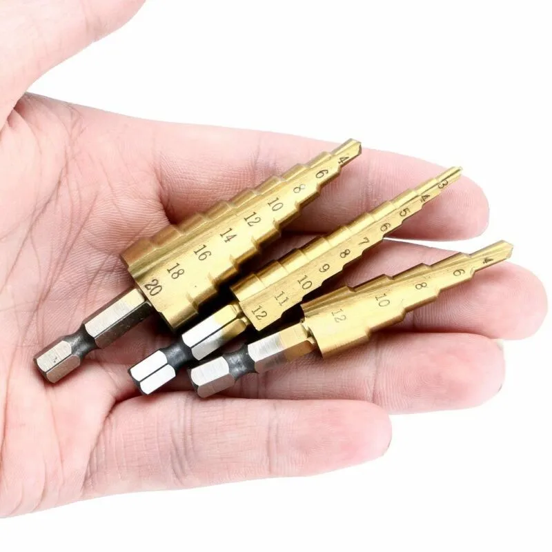 3pcs HSS Steel Titanium Step Drill Bits 3-12mm 4-12mm 4-20mm With Storage Bag For Steel, Brass, Wood, Plastic,copper
3pcs HSS Steel Titanium Step Drill Bits 3-12mm 4-12mm 4-20mm With Storage Bag For Steel, Brass, Wood, Plastic,copper