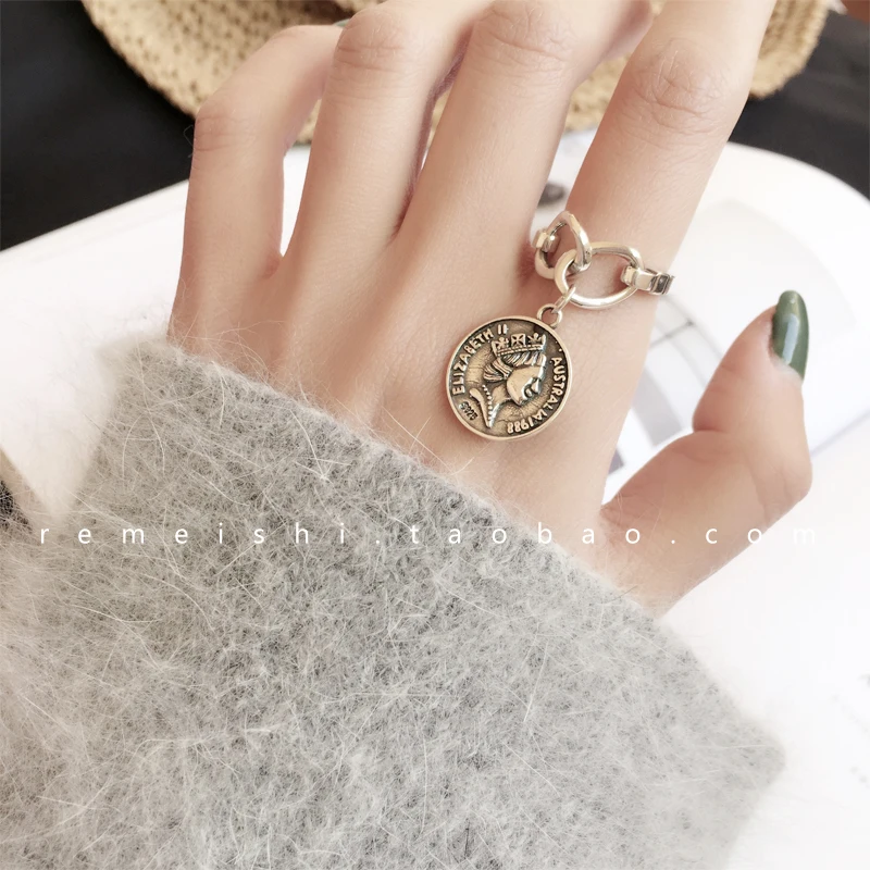 

Korean Style S925 Sterling Silver Coin Lucky Cent Vintage Distressed Double-Sided Coin Personalized Opening Chain Ring Female Fa