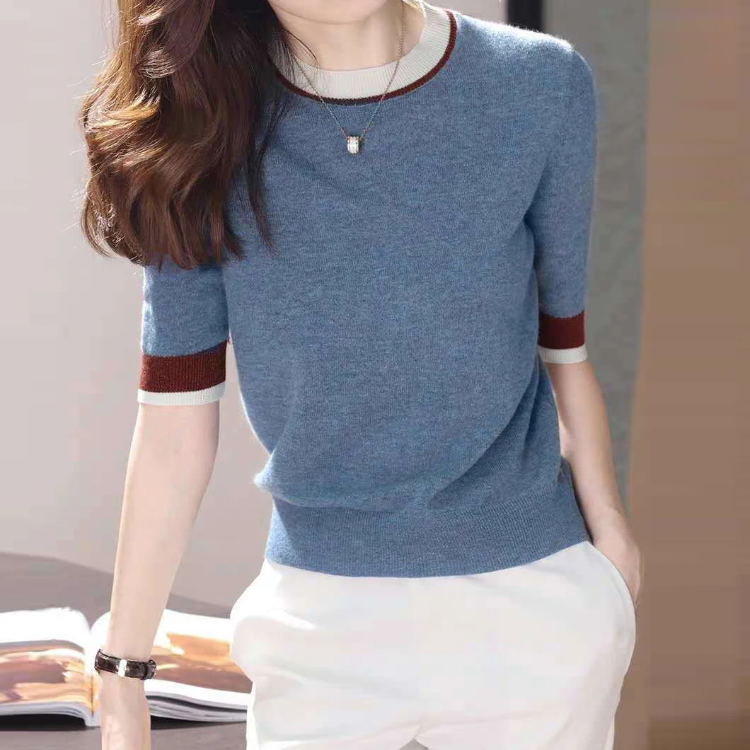 Round neck contrast color slim-fit cashmere sweater Spring and summer new ladies temperament loose and thin knit sweater top
Round neck contrast color slim-fit cashmere sweater Spring and summer new ladies temperament loose and thin knit sweater top