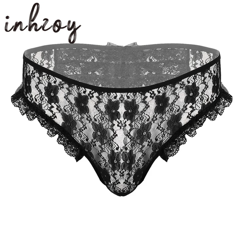 

Men's Sissy Panties Sheer Floral Lace Lingerie for Male Gay Underwear Erotic Underpants Open Butt Crotchless Sexy Thongs Briefs