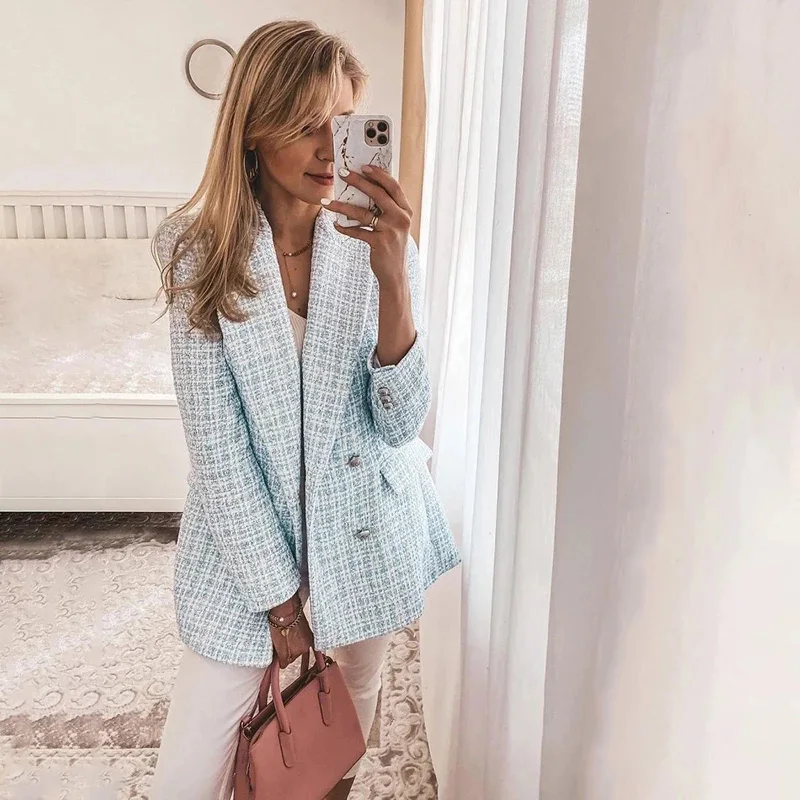 Spring Women New Casual Tweed Blazer Vintage Office Lady Autumn Jacket Coat double Breasted Outwear Female Chic Tops
Spring Women New Casual Tweed Blazer Vintage Office Lady Autumn Jacket Coat double Breasted Outwear Female Chic Tops