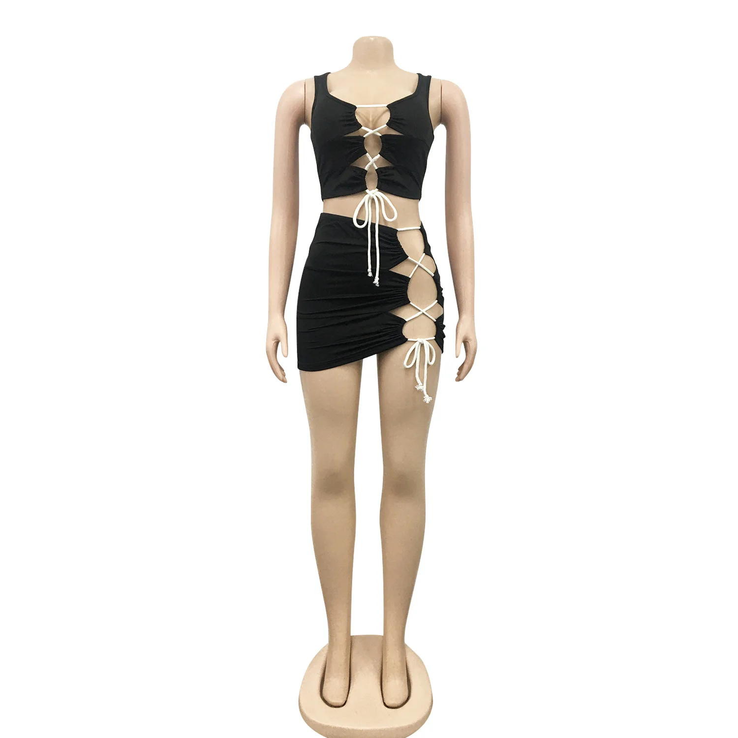 Sexy Beach 2 Piece Set Sleeveless Bandage Hollow Out Tank Top Outfit Drawstring Mini Skirt Women Summer Vacation Party Club Wear
Sexy Beach 2 Piece Set Sleeveless Bandage Hollow Out Tank Top Outfit Drawstring Mini Skirt Women Summer Vacation Party Club Wear