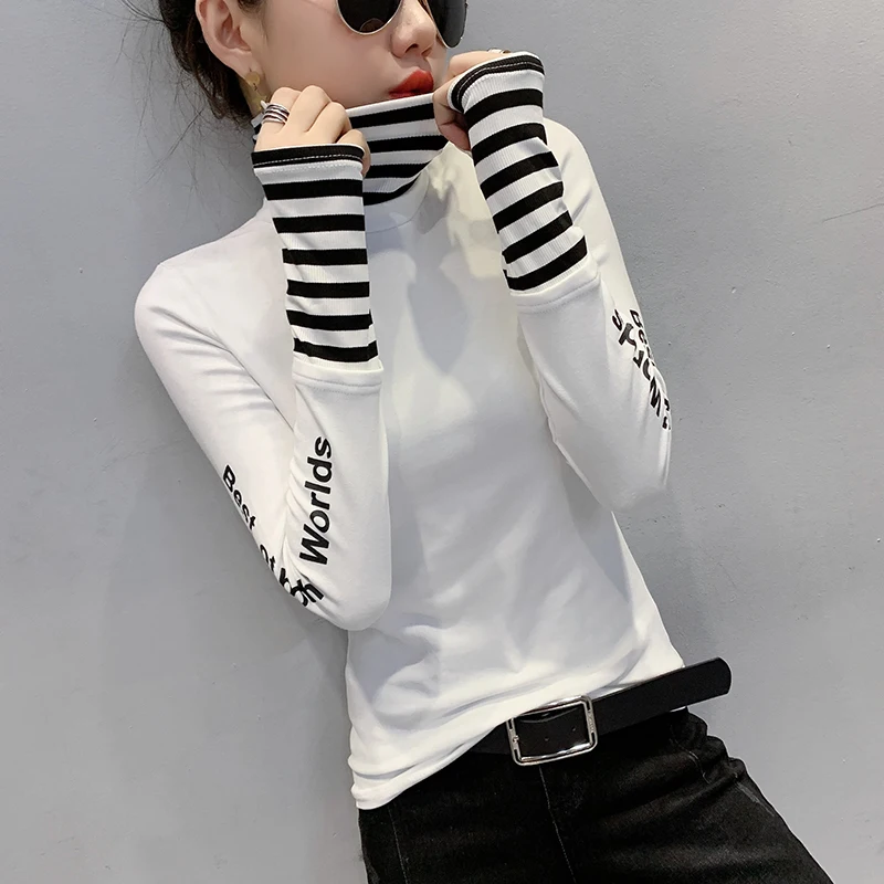 #5505 Black White Hip Hop T Shirt Women Sexy Basic T-shirt Letters Printed Tight Turtleneck For Extend Long Sleeve | Женская одежда