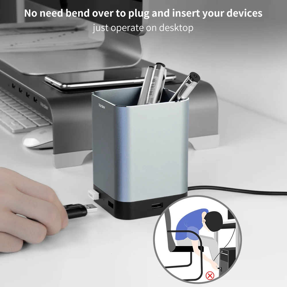 Алюминиевый держатель для ручек и карандашей с 4 USB-портами 2.0 портов прочный
