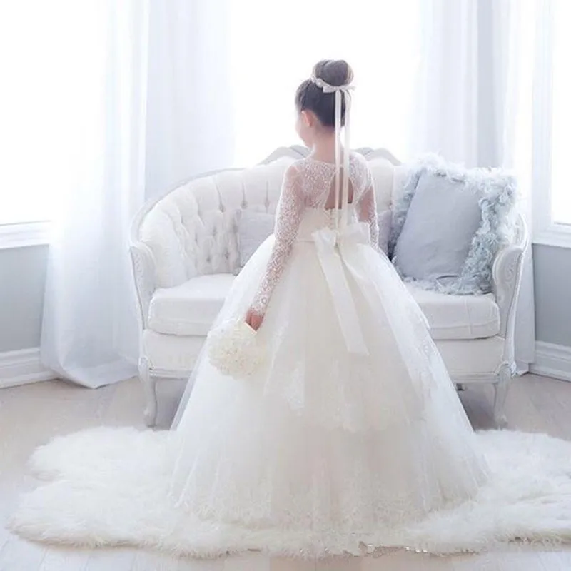 Lace Long Sleeve Flower Girls Dresses 2020 Scoop Ball Gown Princess Little Wedding Party Dress First Communion Gowns | Свадьбы и