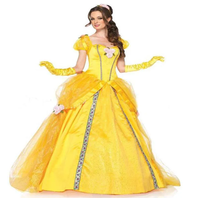 

Желтое длинное платье с колокольчиком Красавица и чудовище костюм на Хэллоуин платье Белль принцессы маскарадный Карнавальный костюм для взрослых