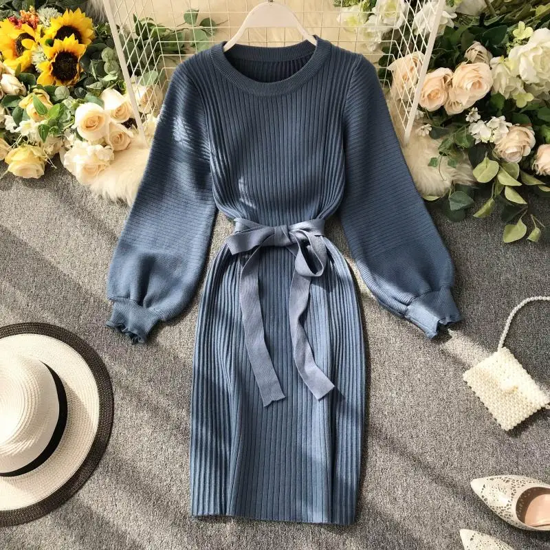 Women's autumn new fashion A-line pure color puff sleeve dress one size chic slim o-neck sashes pullover long dress TB3269 
Women's autumn new fashion A-line pure color puff sleeve dress one size chic slim o-neck sashes pullover long dress TB3269