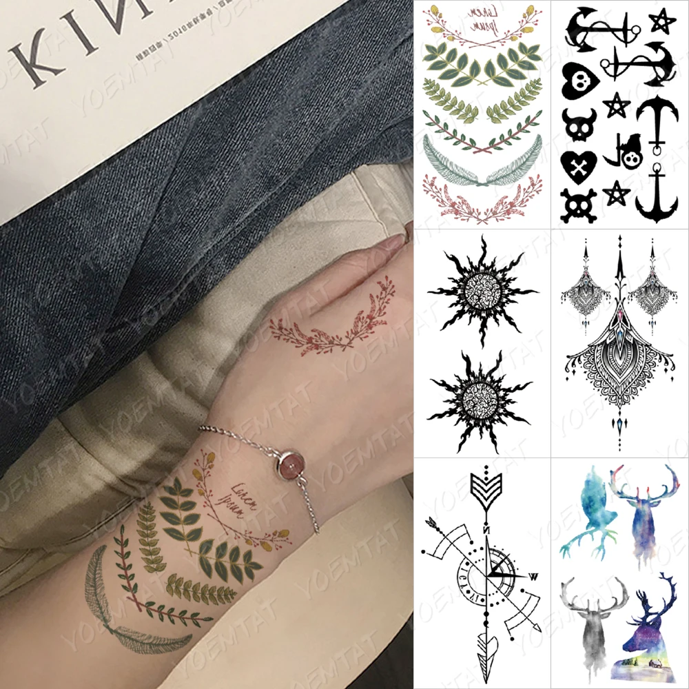 

Waterproof Temporary Tattoos Leaf Bird Good Luck Arrow Compass Tatoo Sticker Ghost Anchor Body Art Hand Fake Tatto Women Men