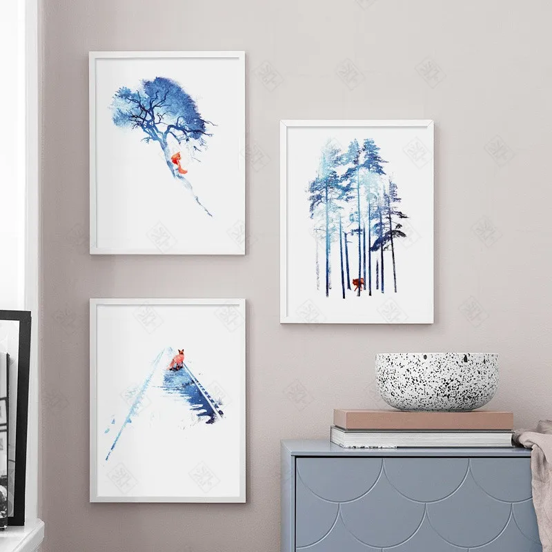 Холст для живописи плакат Wall Art Модульная картина синий деревья и Красный лис на