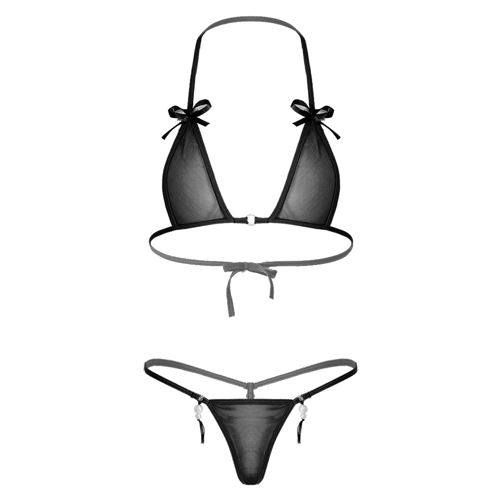 

Women Micro Bikini Set Transparent See-through Mesh Bikini Underwear Swimwear Halter Lace-up unlined Bra Top with Monokini Thong