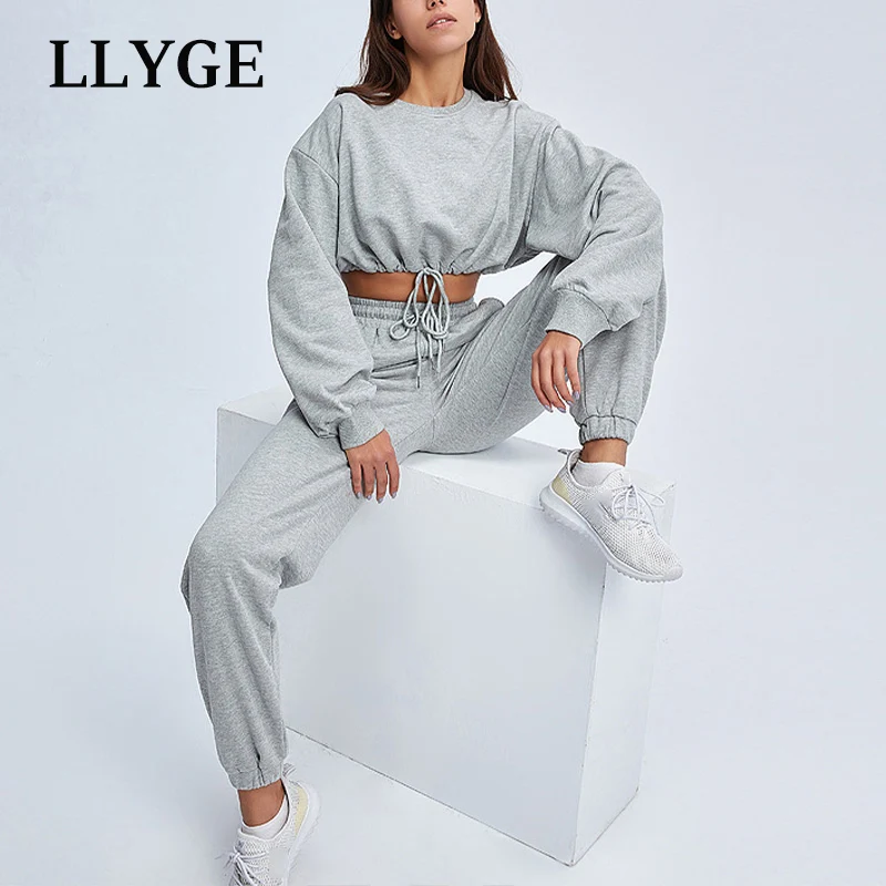 Женские спортивные костюмы на шнуровке, короткий свитшот из 100% хлопка и брюки с высокой талией, Женский весенне-летний уличный костюм для же... 
Женские спортивные костюмы на шнуровке, короткий свитшот из 100% хлопка и брюки с высокой талией, Женский весенне-летний уличный костюм для же...