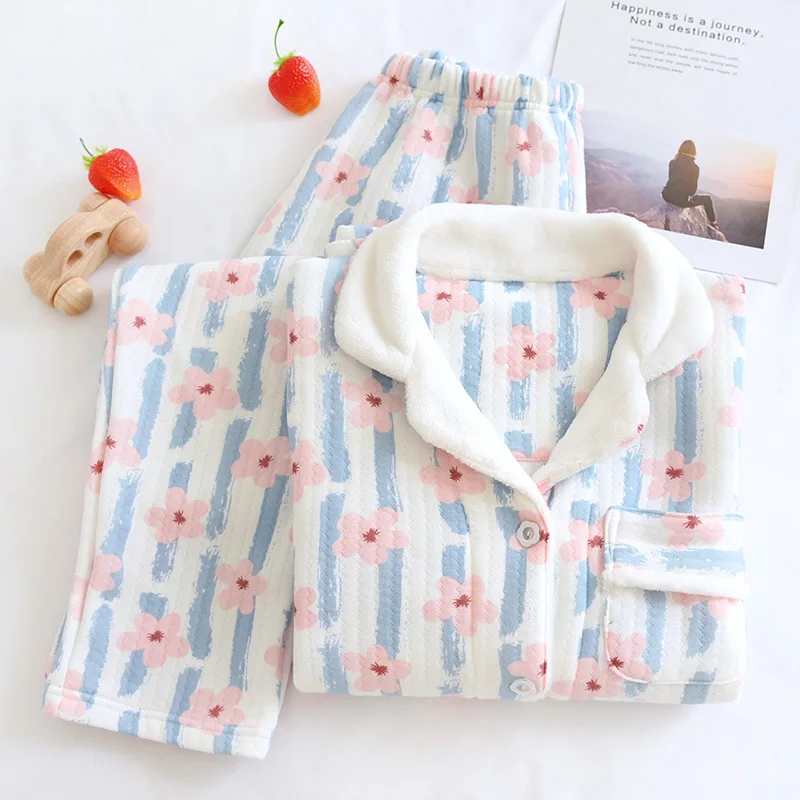 Pure Cotton Thickening Winter Warm Women's Pajamas Set Long-sleeved Trousers Cute Flowers 2-piece Set Sleepwear Home Clothes 
Pure Cotton Thickening Winter Warm Women's Pajamas Set Long-sleeved Trousers Cute Flowers 2-piece Set Sleepwear Home Clothes