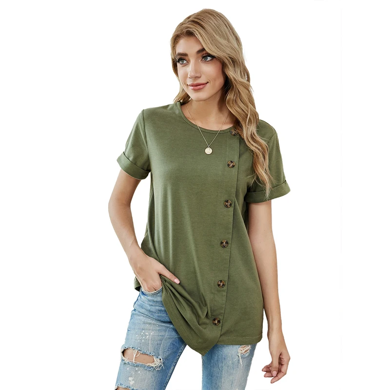 IFox Hot Sale O Neck Short Sleeve Solid Women T Shirt 2021 Fashion Button Decoration Army Green Summer Causal Women Streetwear
IFox Hot Sale O Neck Short Sleeve Solid Women T Shirt 2021 Fashion Button Decoration Army Green Summer Causal Women Streetwear