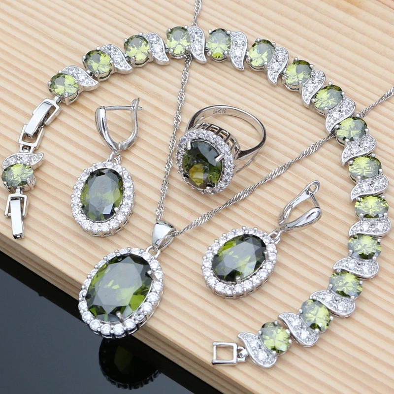 

Natural Gemstone Earrings Olive Green Topaz 925 Silver Jewelry Sets for Women Fine Jewellry with Stone Dropshipping