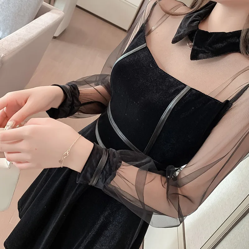 #5421 Black Velvet With Mesh A-line Dress Women Lapel Collar See Through Mini Dress Short Party Long Sleeve Korean Spring Autumn
#5421 Black Velvet With Mesh A-line Dress Women Lapel Collar See Through Mini Dress Short Party Long Sleeve Korean Spring Autumn