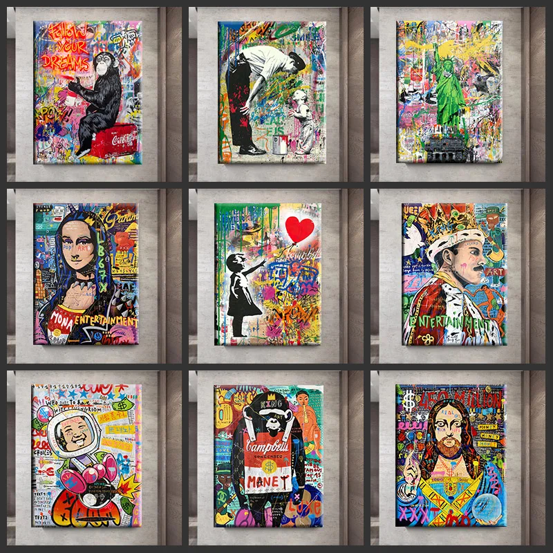 Mona Lisa Graffiti Street Art Abstract Girl Balloon Canvas Painting Monkey Last Supper Poster Prints Wall Art Picture Home Decor
Mona Lisa Graffiti Street Art Abstract Girl Balloon Canvas Painting Monkey Last Supper Poster Prints Wall Art Picture Home Decor