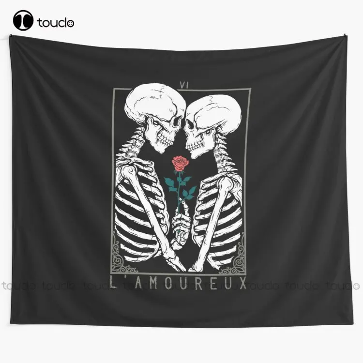

Vi The Lovers Love Tarot Flower Skeleton Couple Death Occult Dead Kiss Skull Rose Tapestry Printed Tapestry Hanging Wall