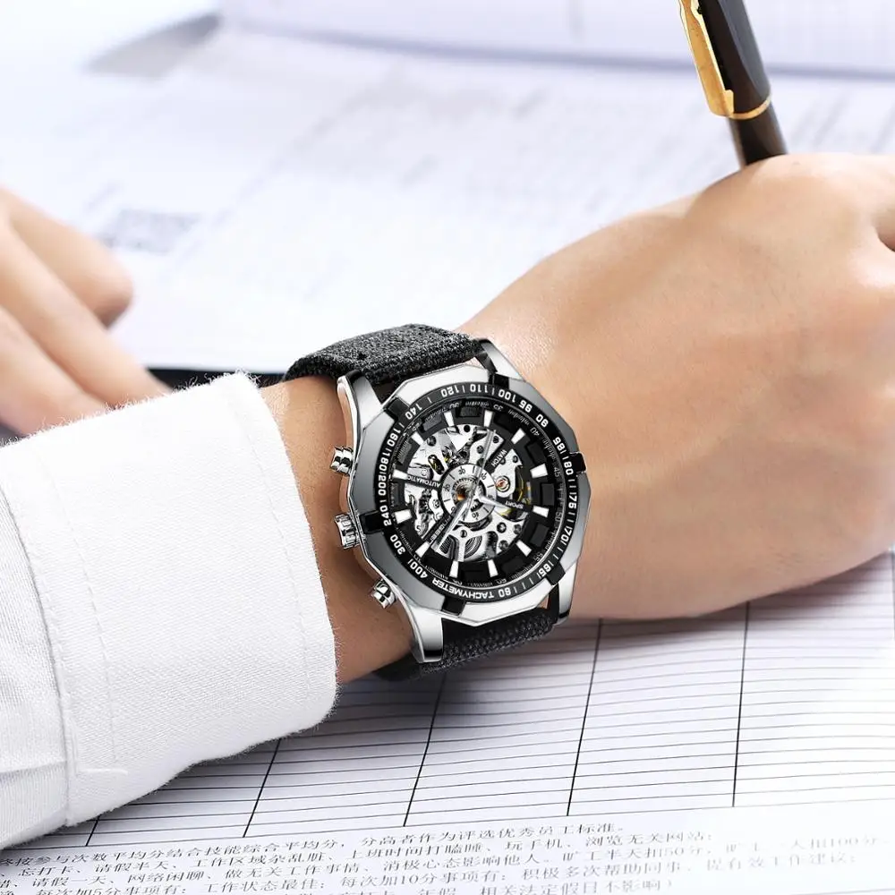Mechanical Men's watches 3D Skeleton Dial Business Watch Automatic Self Wind Wristwatch Clock Male Military Waterproof Watches | Наручные