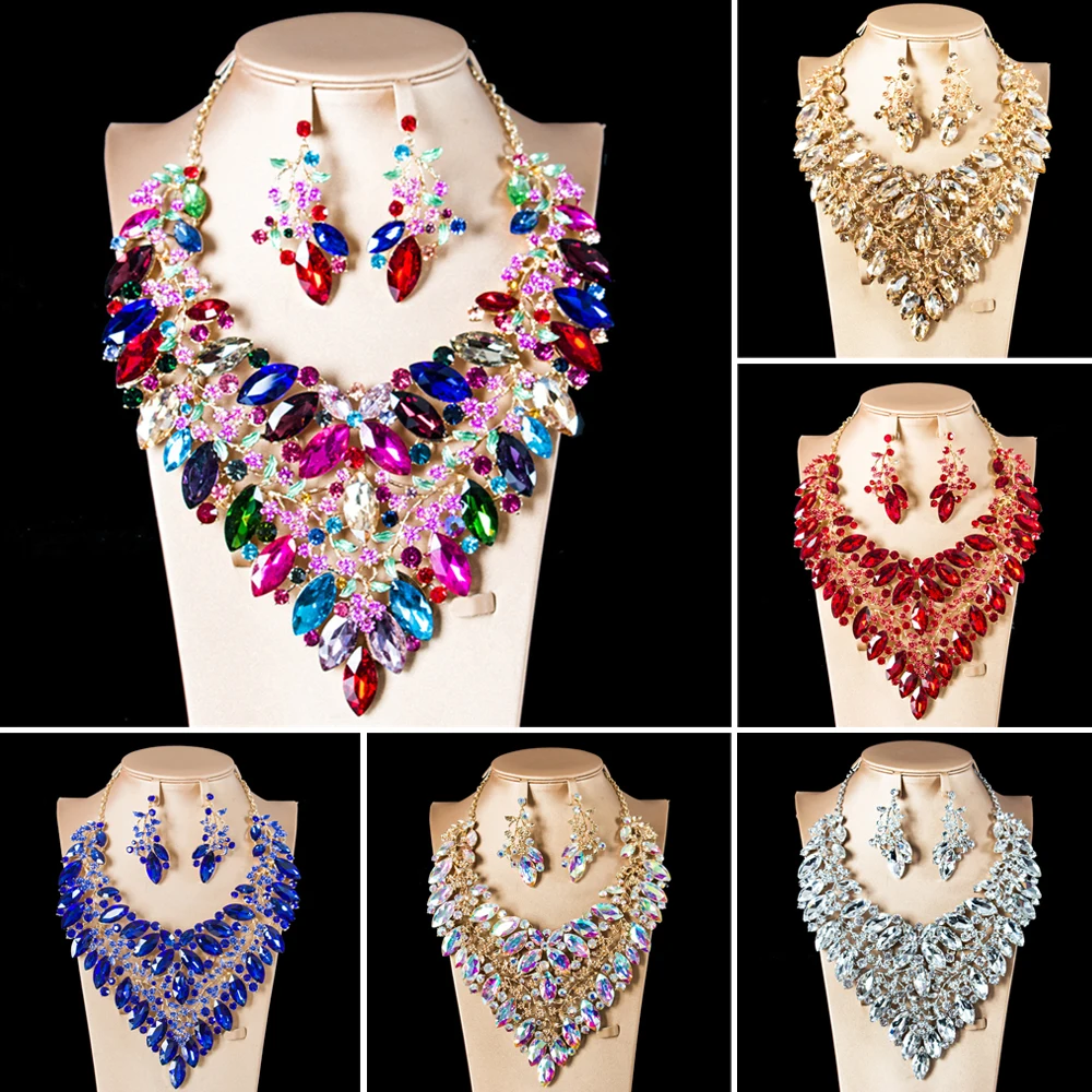 

Массивное ожерелье-чокер с кристаллами, серьги, набор ювелирных изделий, свадебный подарок для женщин, аксессуары для невесты, выпускного в...