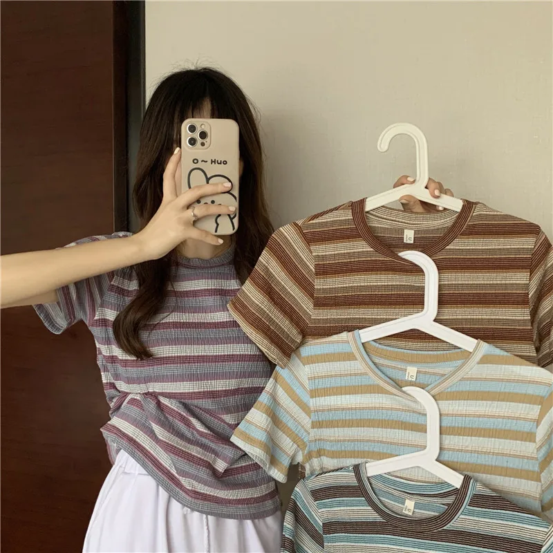 Retro Contrast Color Striped Short-Sleeved T-shirt Female Online Influencer Ins Trendy Summer 2021 New High Waist Short Loose
Retro Contrast Color Striped Short-Sleeved T-shirt Female Online Influencer Ins Trendy Summer 2021 New High Waist Short Loose