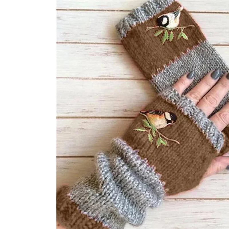 Bird Embroidery Women Winter Warm Fingerless Knit Mittens Gloves 
Bird Embroidery Women Winter Warm Fingerless Knit Mittens Gloves