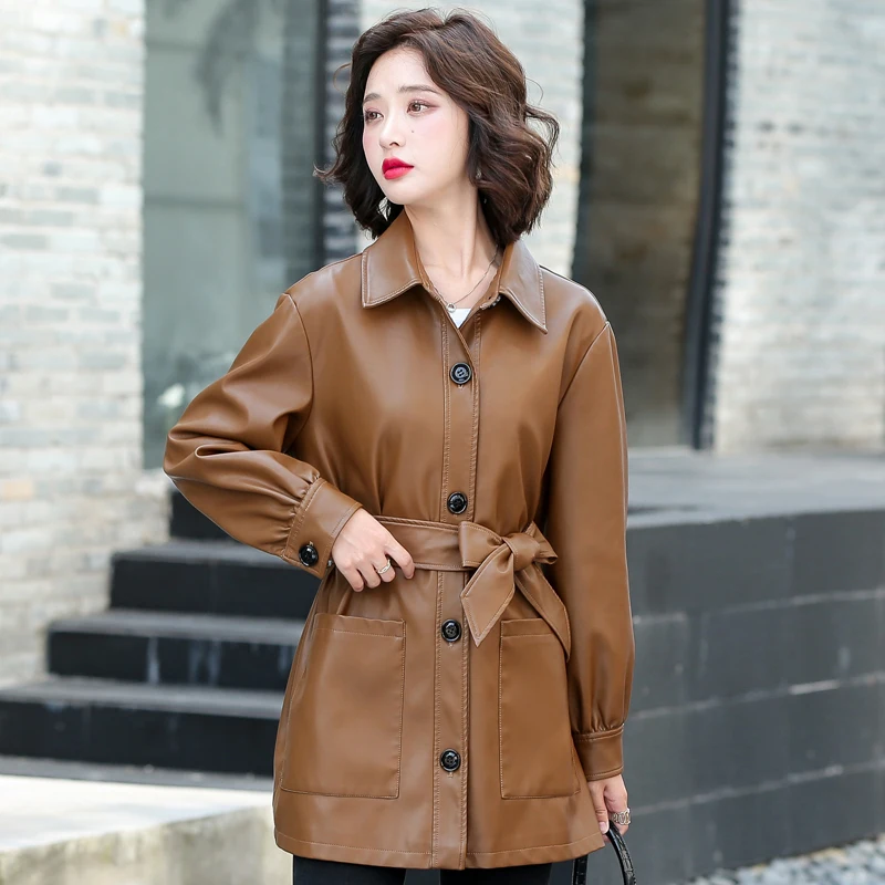 Autumn Brown Faux Leather Jackets for Women 2021 Long Sleeve Korean Fashion Leather Trench Coat Female Windbreaker With Belt
Autumn Brown Faux Leather Jackets for Women 2021 Long Sleeve Korean Fashion Leather Trench Coat Female Windbreaker With Belt