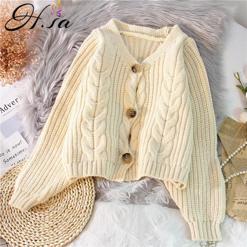 H.SA 2021 Women Short Cardigan Knitted Sweater Twisted Buttun Up Autumn Winter Long Sleeve V neck Jumper Cardigans Casual Jacket
H.SA 2021 Women Short Cardigan Knitted Sweater Twisted Buttun Up Autumn Winter Long Sleeve V neck Jumper Cardigans Casual Jacket