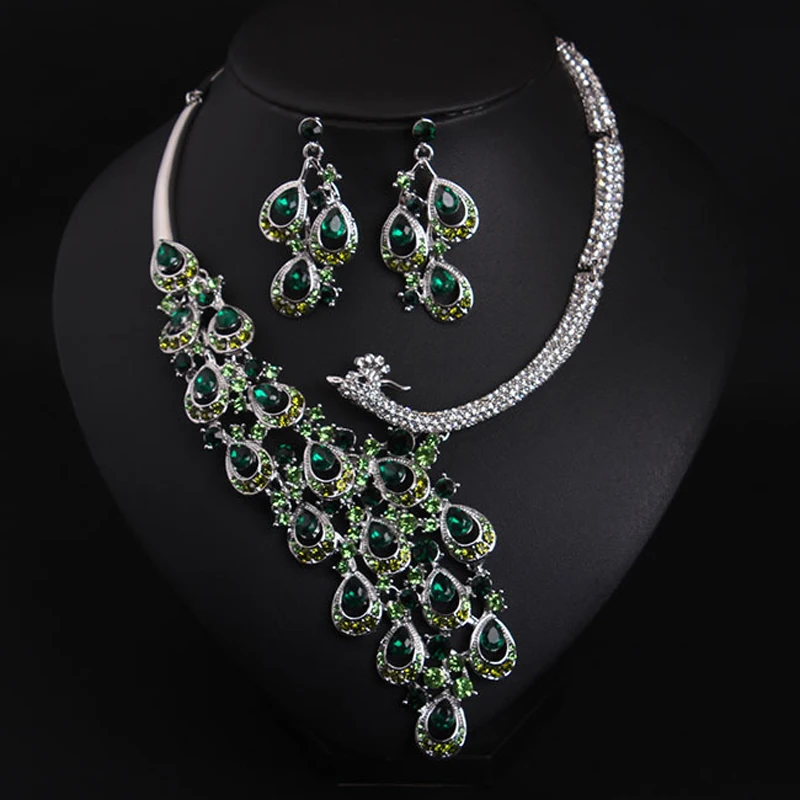 

Statement Peacock Choker African Nigeria Green Crystal Necklace Earrings Set Vintage Women Jewelry Dubai Chain Collar Rhinestone