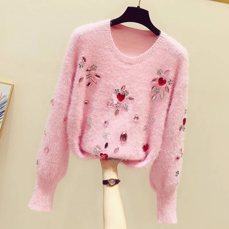 2020 New Autumn Winter Pink Women Pullovers Tops Sweet Beading Diamond O Neck Mink Cashmere Casual Knitted Sweaters for Mujer
2020 New Autumn Winter Pink Women Pullovers Tops Sweet Beading Diamond O Neck Mink Cashmere Casual Knitted Sweaters for Mujer