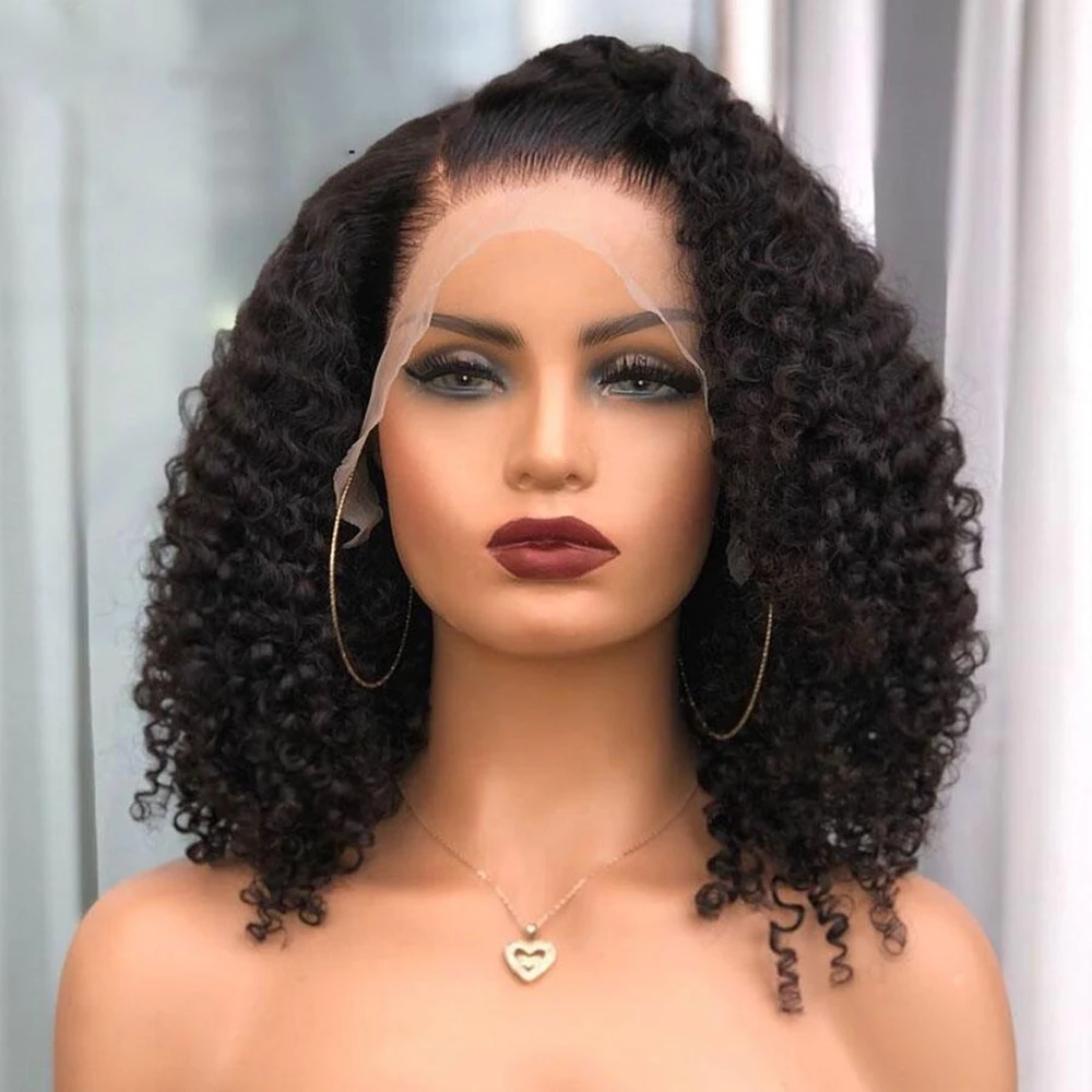 

180% Density Black Short Cut Bob Kinky Curly 13x4 Lace Front Human Hair Wig For Women With Babyhair Pre Plucked Remy Glueless