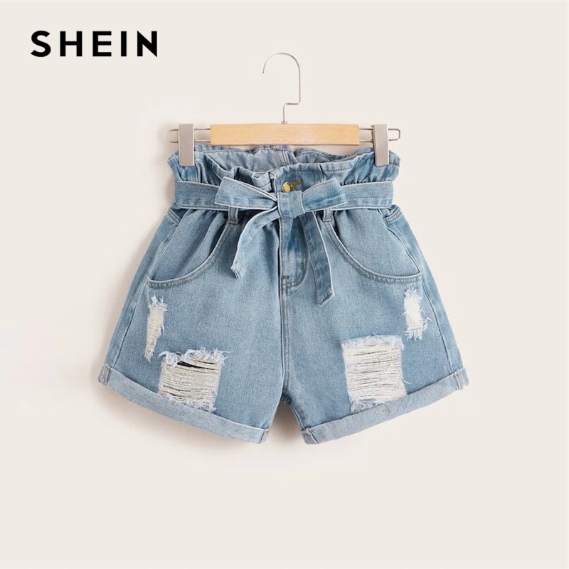 Женские джинсовые шорты SHEIN Синие рваные размера плюс с поясом в виде бумажной
