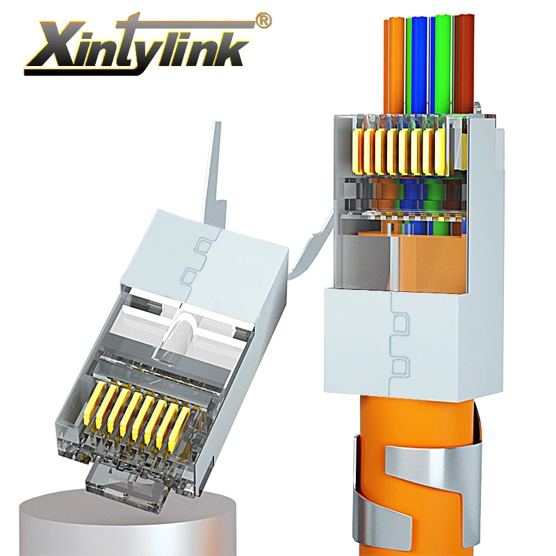 

xintylink new CAT8 CAT7 CAT6A rj45 connector 50U RJ 45 ethernet cable plug network SFTP FTP shielded 1.5mm hole pass through
